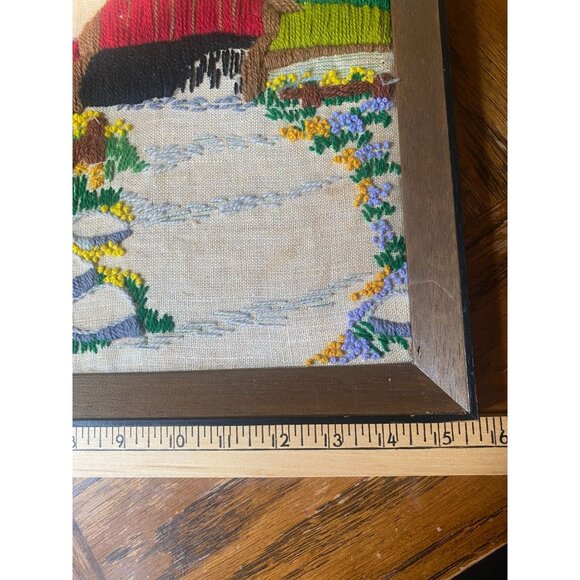 Vintage Framed Crewel Covered Bridge Scene Wall Art 15"x15" Rustic Decor Handmad - Picture 4 of 8
